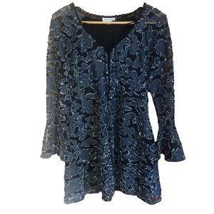 Denim and sheer fabric floral print mini dress, Small